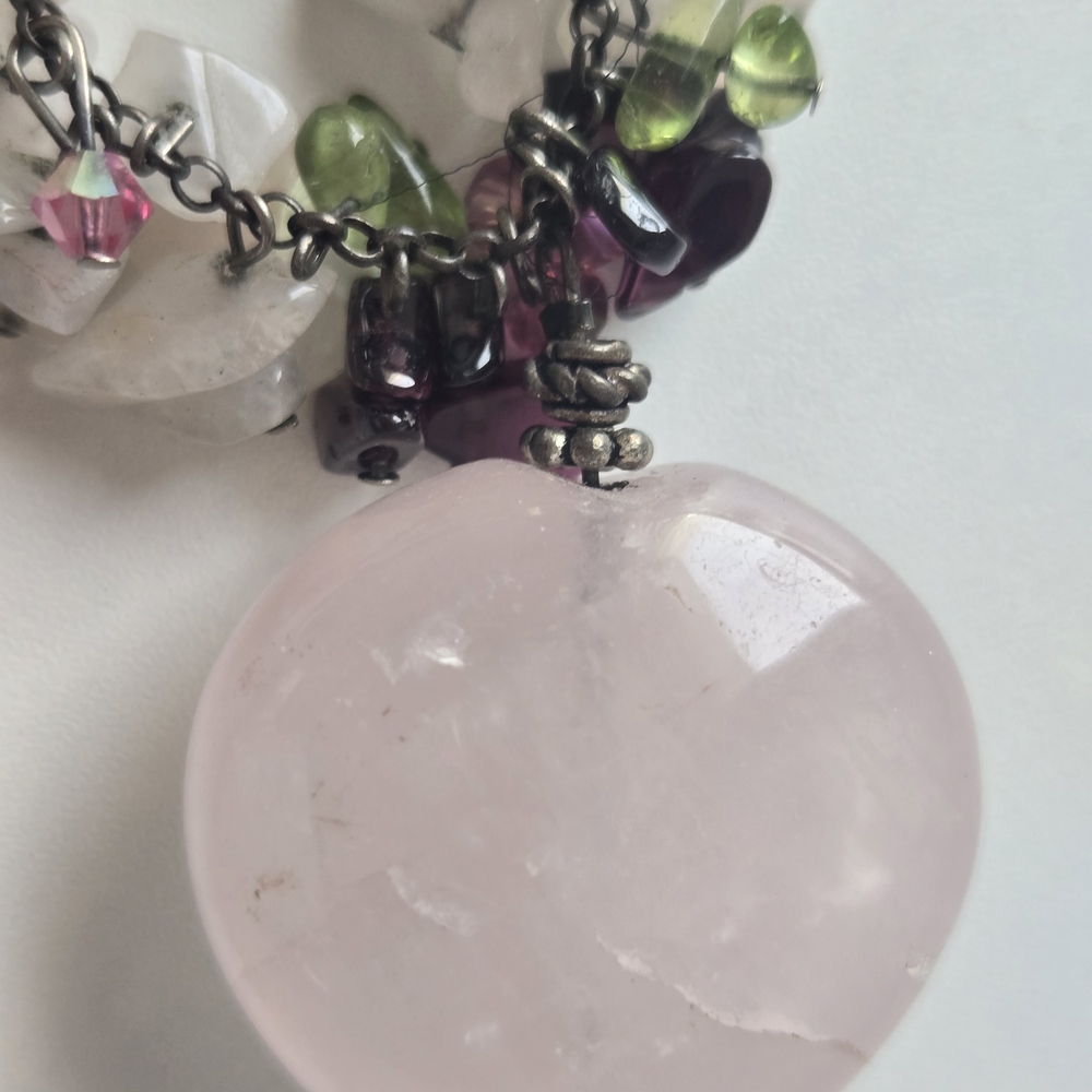Elegant Rose Pink Quartz Oversize Heart & Green Gemstone Necklace